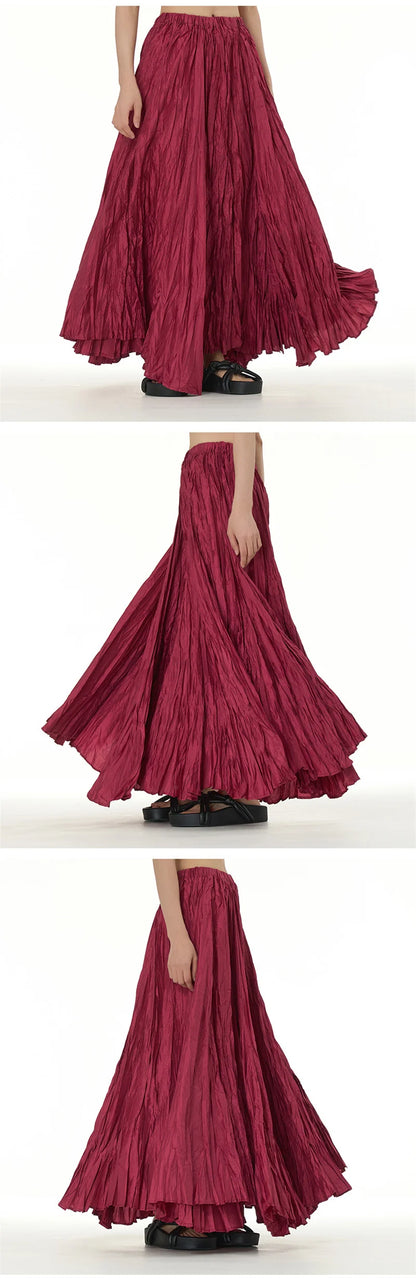 Elegant Drape Crumpled Skirts Women Summer Elastic Waist Big-Hem Long Skirts Large Size Loose Umbrella Skirts Female Streetwear
