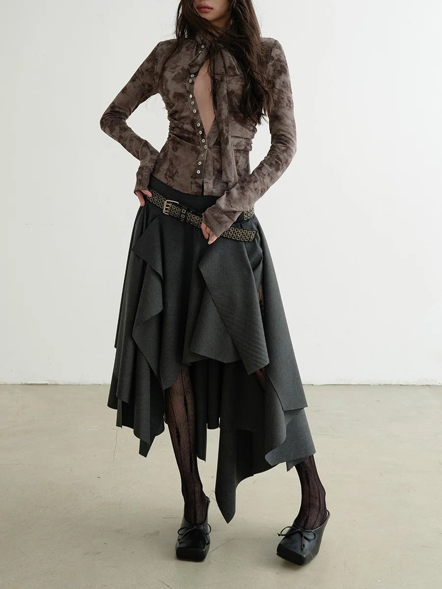 TWOTWINSTYLE Solid Patchwork Belt Loose Skirts For Women High Waiat Irregular Elegant Skirts Female Fashion Style Clothes New