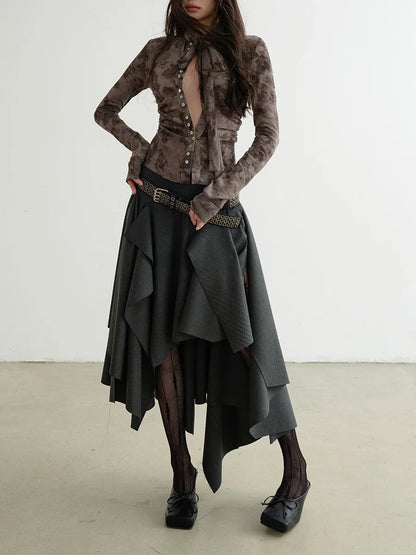 TWOTWINSTYLE Solid Patchwork Belt Loose Skirts For Women High Waiat Irregular Elegant Skirts Female Fashion Style Clothes New