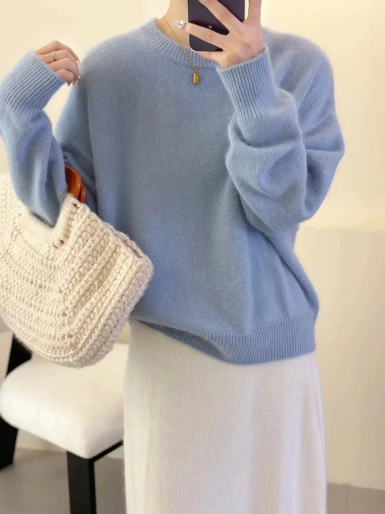 Original Autumn/Winter Thicken Loose Cashmere Sweater Women's Round Neck Pullover 100% Pure Wool Knit Sweater Soft Top Female