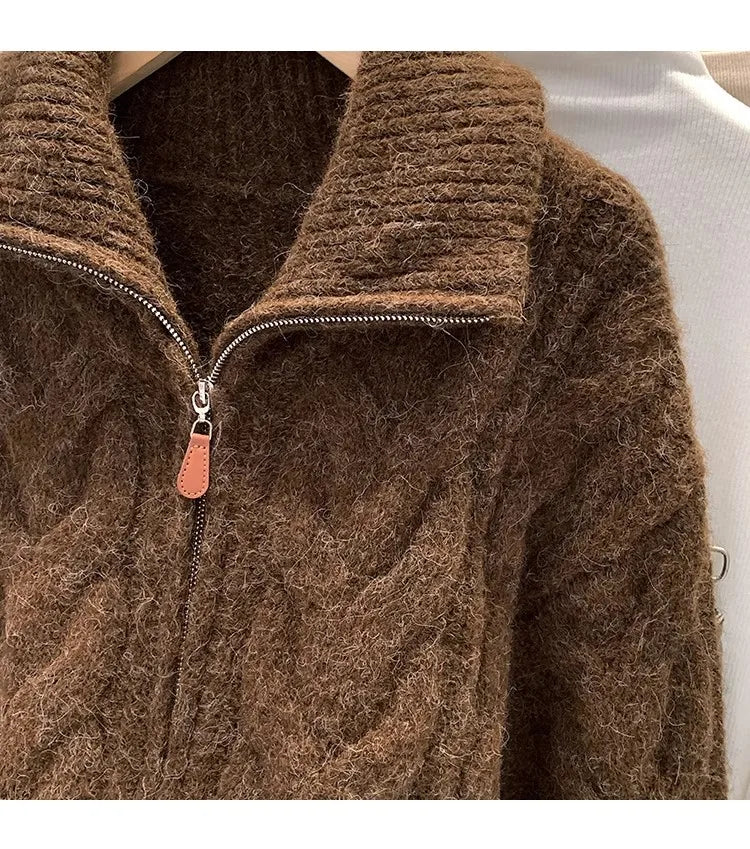 HELIAR Women Fall Winter New Casual Loose Knitted Cardigan Retro Solid Double Zipper Turn-down Collar Sweater Thicken Loose Tops