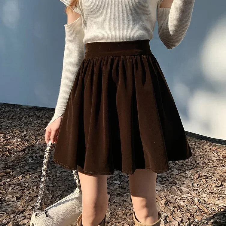 Winter Velvet Skirts New Design 2024 New Year Spring Japan Girls Chic Fashion Elastic Waist Mini Skirt
