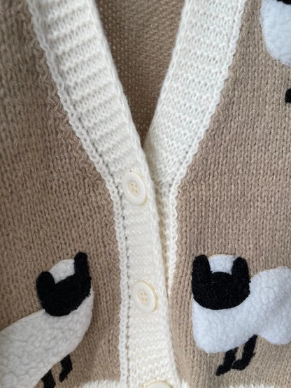 Sheep Pattern Crochet Chunky Knit Cardigan Cute Cartoon Sweater Vintage Long Sleeve V Neck Autumn Women Jumper Outerwear