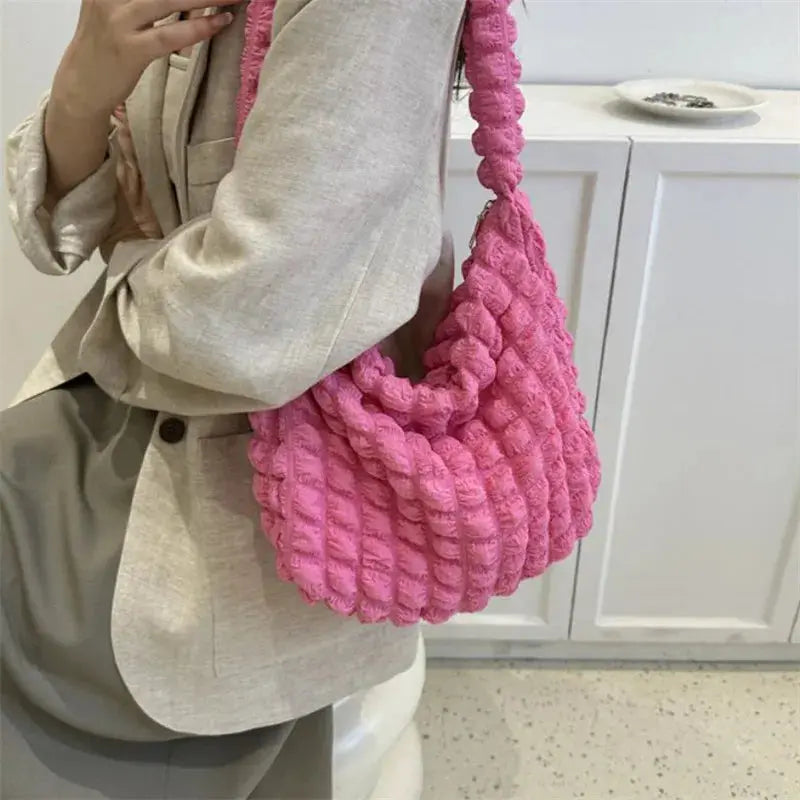Crossbody Bag With Pleated Design Embroidered Plaid Shoulder Bag Underarm Bags Simple Large Capacity Quilted Tote Bags For Women