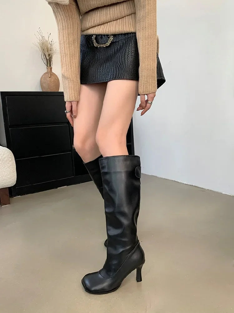 Autumn Winter Cosy Button Woman Knee-High Modern Boots Fashion Round Toe Thin Heels Ladies Long Booties Party Shoes