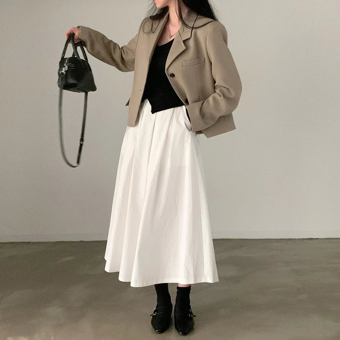 2024 Women Elegant White Long Skirts High Waist A-Line Cotton Maxi Skirts Women Casual Skirts