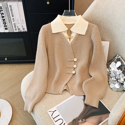 2025 Autumn Winter New Splicing Fake Two Pieces Knitted Cardigan Sweater Women Jacket Fashion Knitwear Loose Ladies Tops B693