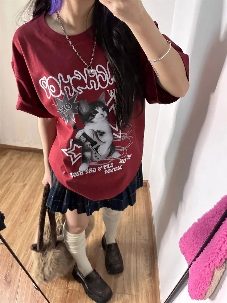 Kawaii Cat Printed Red T-shirts Women Harajuku Oversized Punk Style Tops Cute Graphic Short Sleeve Tees Cotton Casual