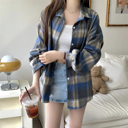 Women Tartan Shirt Long Sleeve Collared Button Up Oversized Plaid Shirt Flannel Jacket Grunge Teenage Girl Spring Summer Outfit