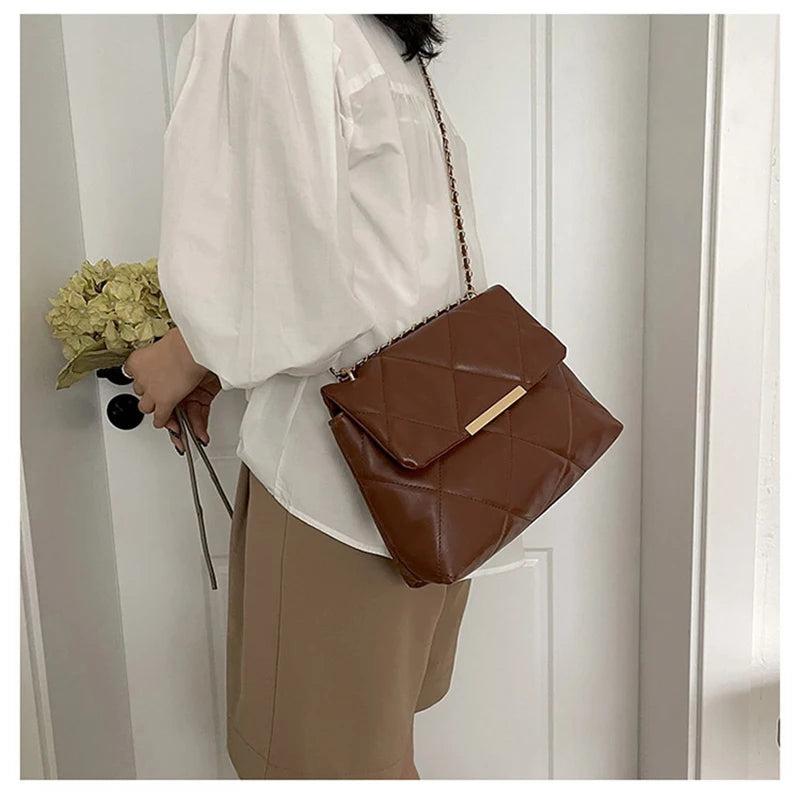Plaid Thread Women Handbags Lady Underarm Shoulder Bag Large Capacity Commuting Tote Bag PU Leather Chain Strap Crossbody Bag