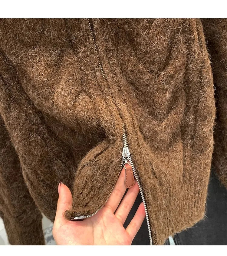 HELIAR Women Fall Winter New Casual Loose Knitted Cardigan Retro Solid Double Zipper Turn-down Collar Sweater Thicken Loose Tops