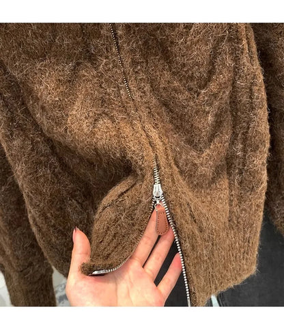 HELIAR Women Fall Winter New Casual Loose Knitted Cardigan Retro Solid Double Zipper Turn-down Collar Sweater Thicken Loose Tops