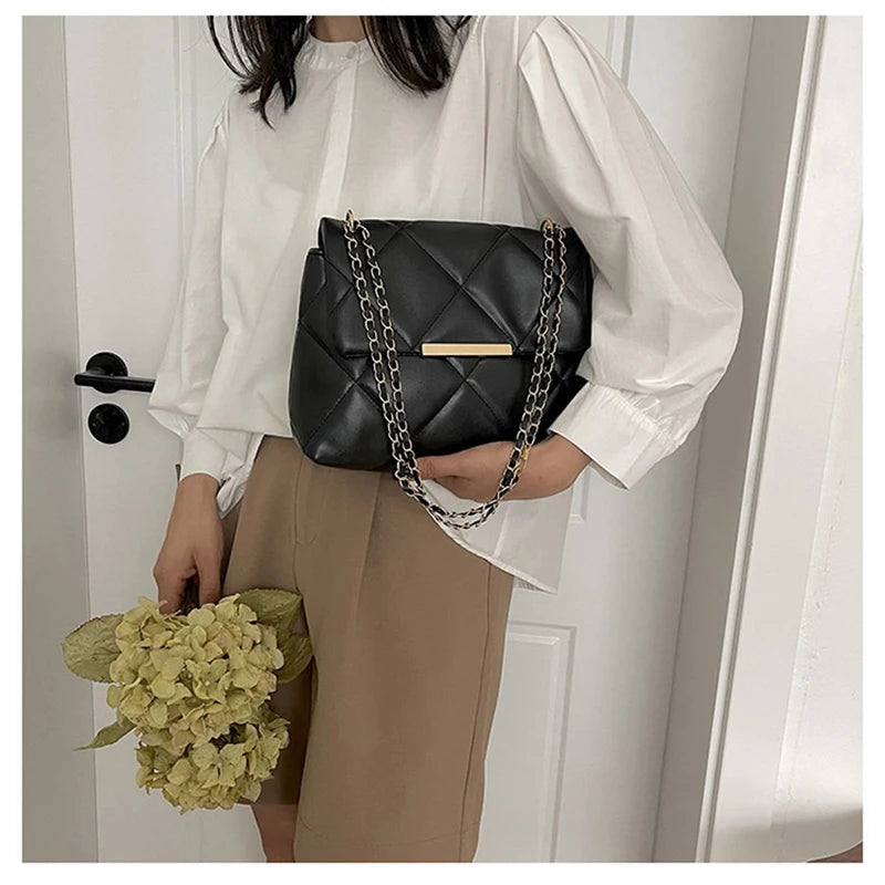 Plaid Thread Women Handbags Lady Underarm Shoulder Bag Large Capacity Commuting Tote Bag PU Leather Chain Strap Crossbody Bag