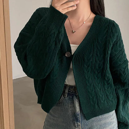 Fall Autumn and Winter New Women's Clothing Retro V-neck Twist Design Long-sleeved Short Knitted Cardigan Sweater Jacket