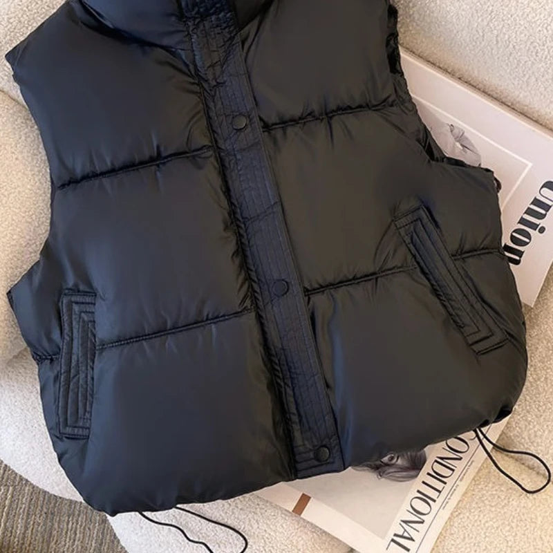 Winter Short Down Cotton Sleeveless Vest Simple Solid Pockets Coats Warm Cold Resistant Waistcoat Drawstring Vest