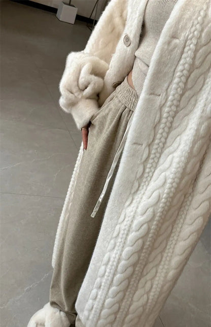 Women Sweaters Long Sleeve V Neck Solid Thick Jumpers Button High Street Cardigan Knit Pocket Slight Strech Patchwork Regular