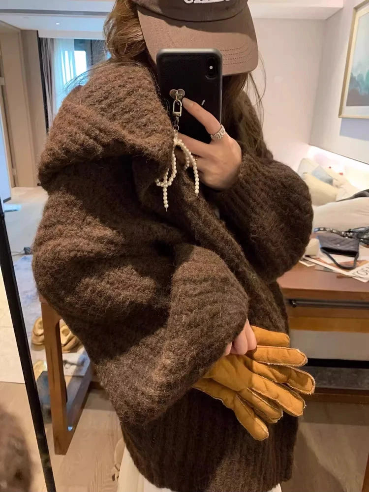 Winter Women Long Sleeve Loose Hooded Loose Knitted Coat Autumn Fashion Solid Color Sweater Elegant Casual Cardigan Knitwear