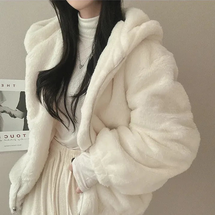Winter Women Fur Coat Zipper Loose Hoodies Over Coat Thick Warm Plus Size Female Plush Casual Coats