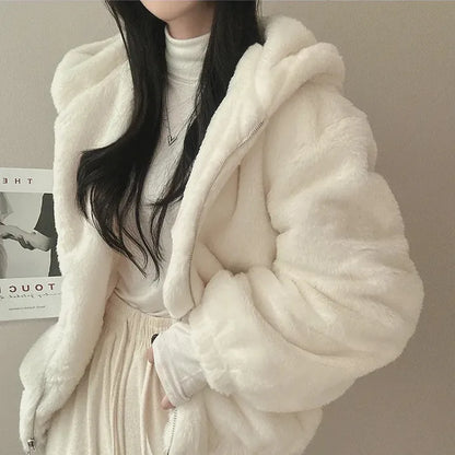 Winter Women Fur Coat Zipper Loose Hoodies Over Coat Thick Warm Plus Size Female Plush Casual Coats
