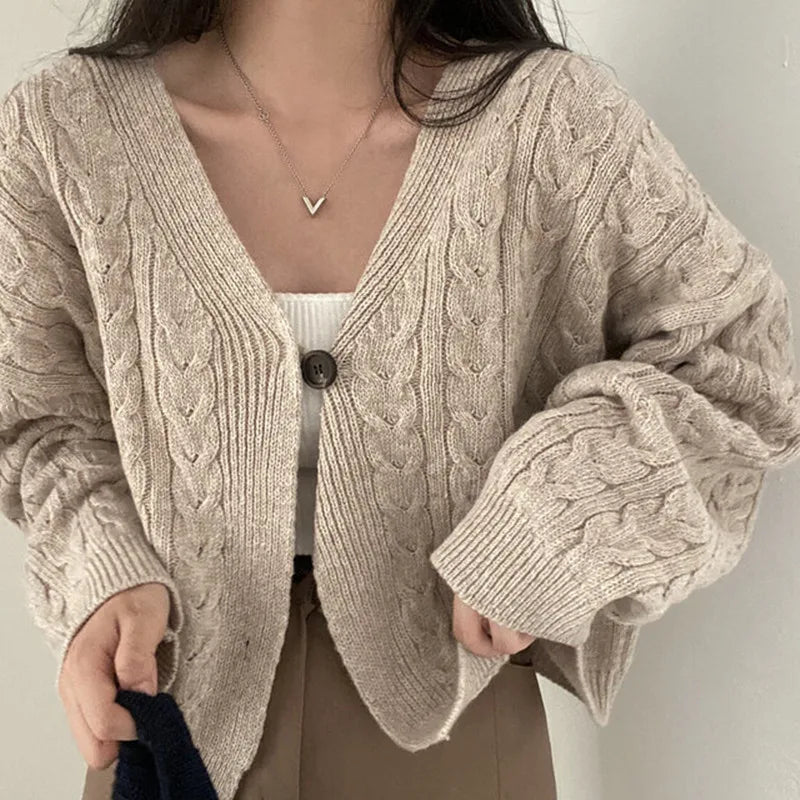 Fall Autumn and Winter New Women's Clothing Retro V-neck Twist Design Long-sleeved Short Knitted Cardigan Sweater Jacket