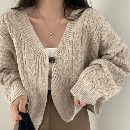 Fall Autumn and Winter New Women's Clothing Retro V-neck Twist Design Long-sleeved Short Knitted Cardigan Sweater Jacket