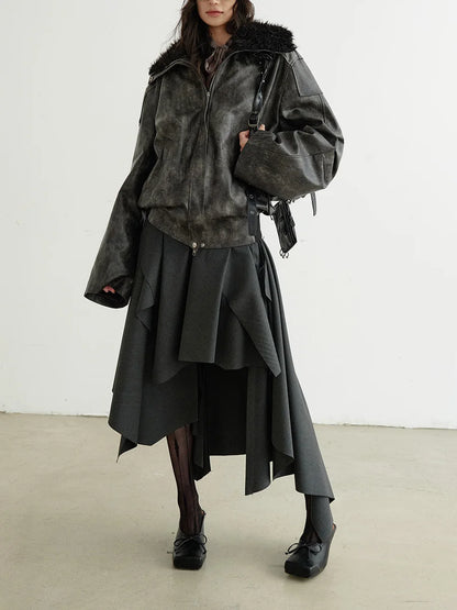 TWOTWINSTYLE Solid Patchwork Belt Loose Skirts For Women High Waiat Irregular Elegant Skirts Female Fashion Style Clothes New