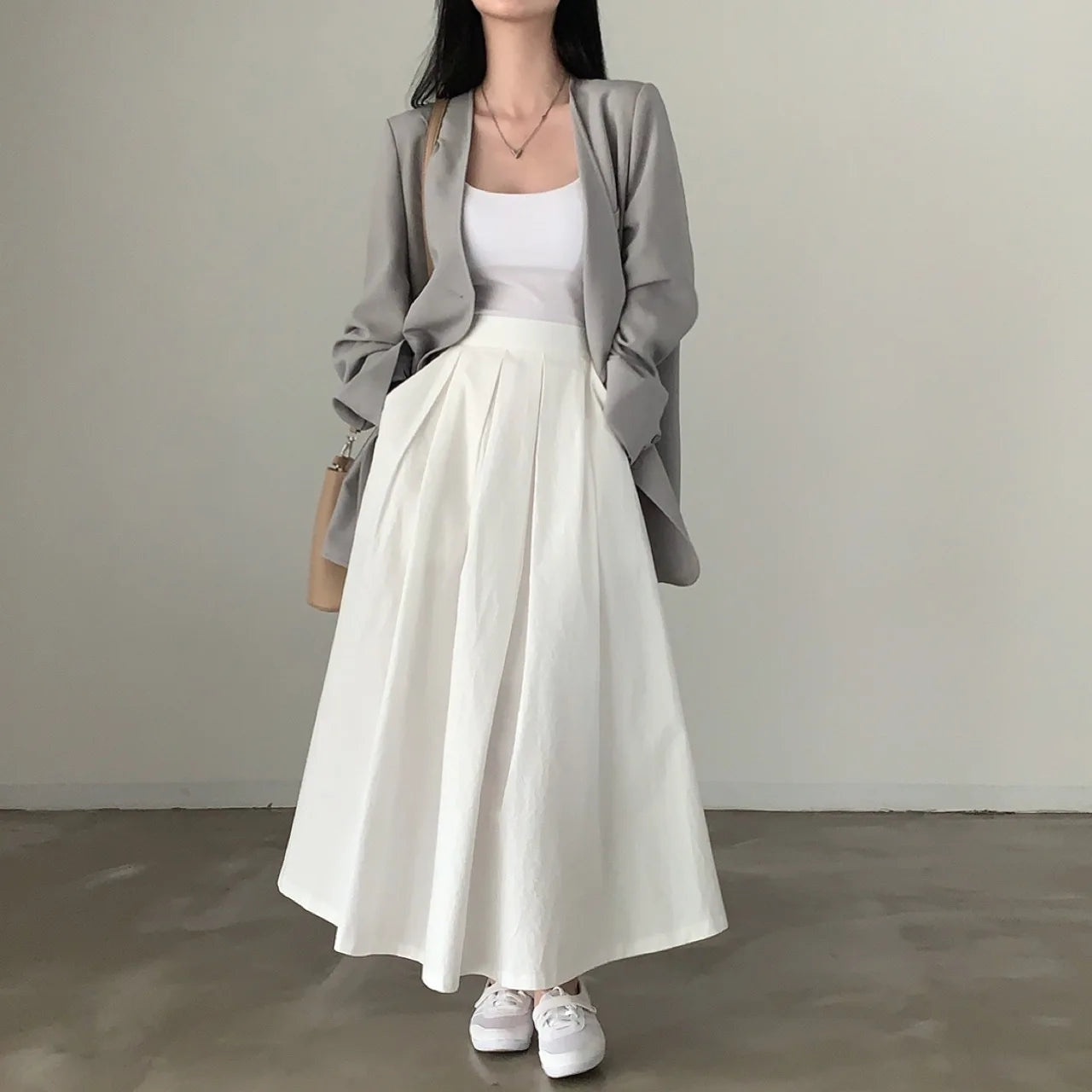 2024 Women Elegant White Long Skirts High Waist A-Line Cotton Maxi Skirts Women Casual Skirts