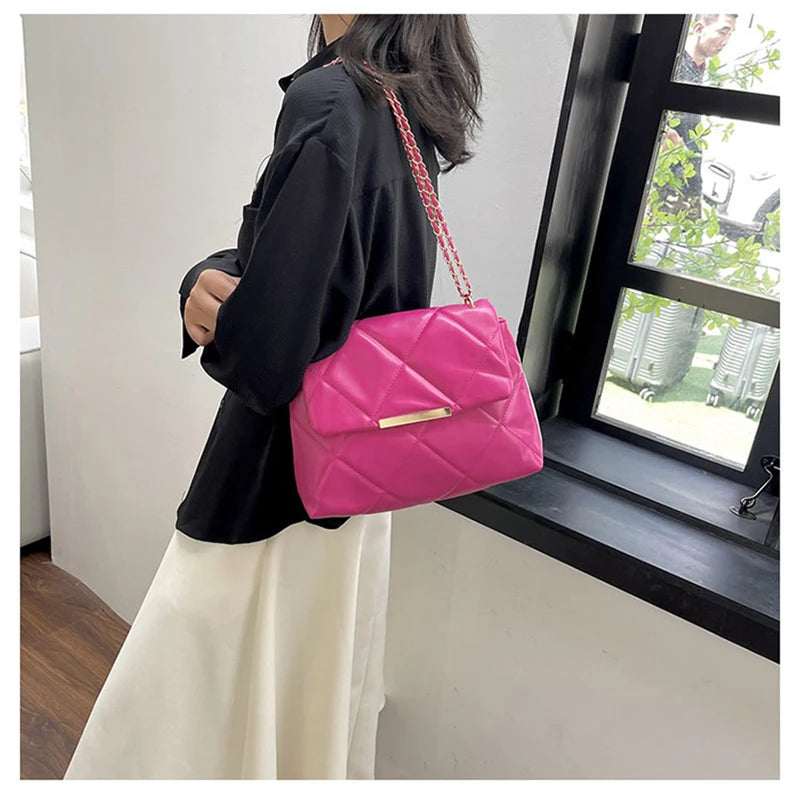 Plaid Thread Women Handbags Lady Underarm Shoulder Bag Large Capacity Commuting Tote Bag PU Leather Chain Strap Crossbody Bag