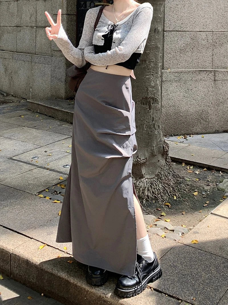 High Waist Pleated Skirt for Women Korean Fashion Streetwear Sexy Slit Midi Skirt Y2K Loose Hip Hop All-Match Female Cargo Skirt
