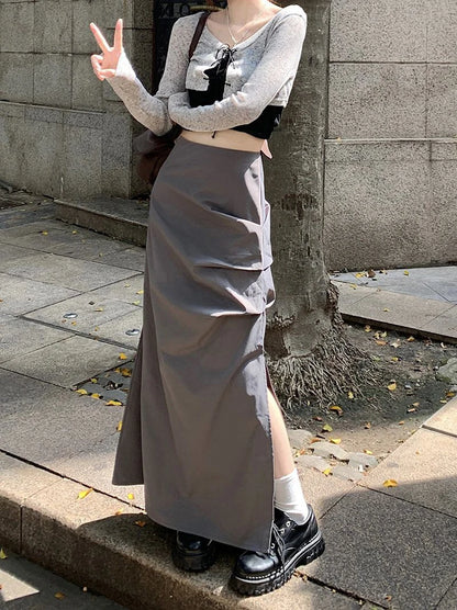 High Waist Pleated Skirt for Women Korean Fashion Streetwear Sexy Slit Midi Skirt Y2K Loose Hip Hop All-Match Female Cargo Skirt