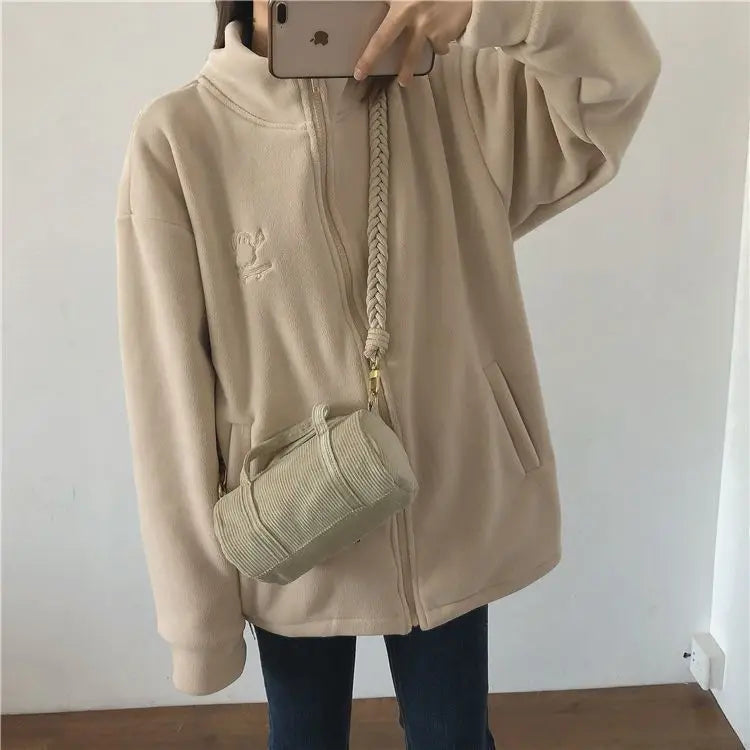 Autumn Winter Fleece Zipper Sweatshirt Jacket Women Clothing Embroidery Coats Warm Long Sleeve Cardigan Sport Outdoor Sweatshirt