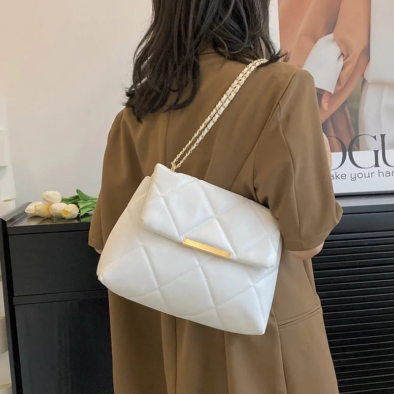 Plaid Thread Women Handbags Lady Underarm Shoulder Bag Large Capacity Commuting Tote Bag PU Leather Chain Strap Crossbody Bag