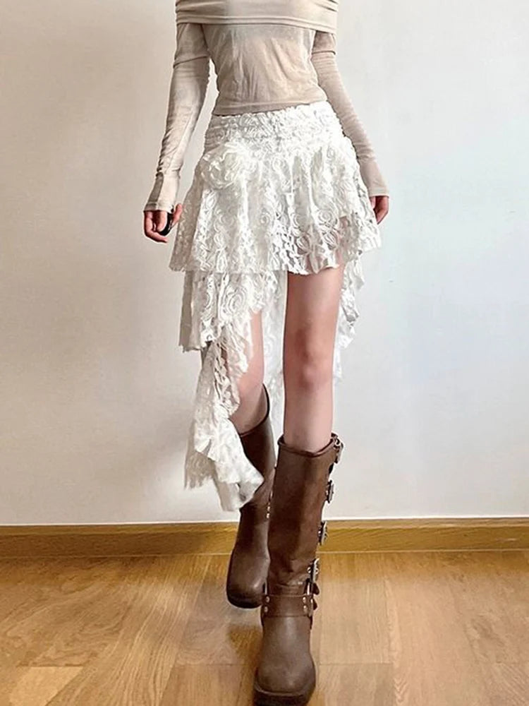 Zoki Sexy Bohemian Sweet Lace Skirt Women Elegant Irregular High Waist Skirt Vintage Korean Lady Casual Cute White A Line Skirts