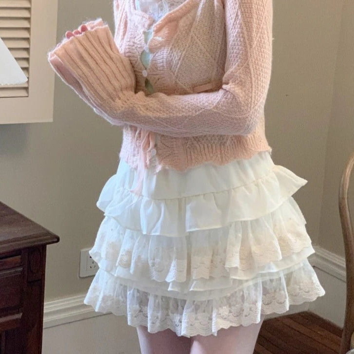 Japanese Cute Women Skirt High Waist White Jupe Patchwork Lace Sweet Saia 2025 Fashion Summer Mini Skirts