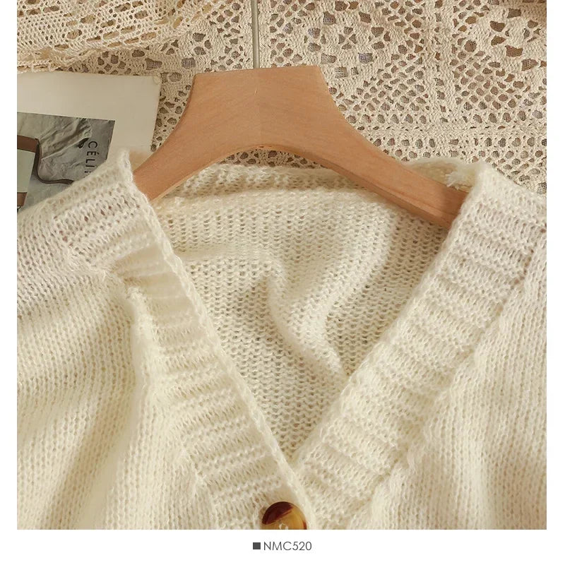 Autumn Colourful Applique Flower Cardigan for Women Cute Long  V-neck Knit Crop Sweater Girl Soft Knitwear