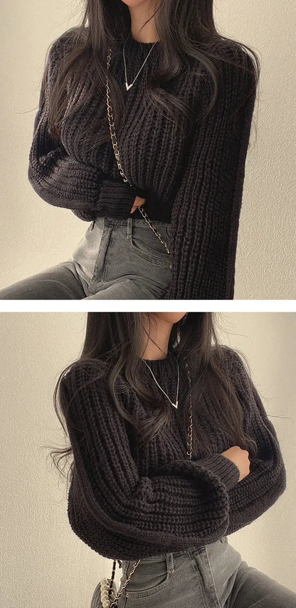 Loose Vintage Harajuku Lantern Long Sleeve Women Sweater Autumn Winter Knitwear Soft Warm Tops Chic Solid Femme Sweater