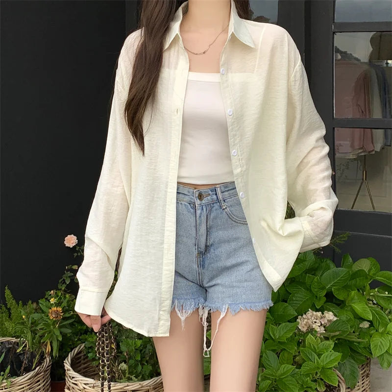 Breezy Button-Down Shirt for Women Long Sleeve Collared Lightweight Oversized Shirt Spring Summer Teenage Girl Basic Outfit