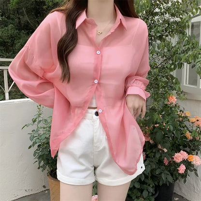 Oversized Shirt for Women Black White Thin Chiffon Collared Long Sleeve Button-Up Shirt Blouse Female Teen-girl Beach Cover Up