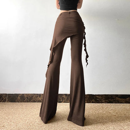 Casual Slim Folds Tie Flower Ruffles Flare Pants Casual Sexy Solid Mid-Waisted Wide Leg Pants Women 2024 Summer Fashion