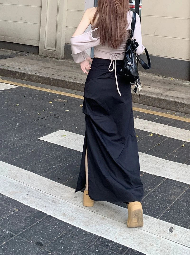 High Waist Pleated Skirt for Women Korean Fashion Streetwear Sexy Slit Midi Skirt Y2K Loose Hip Hop All-Match Female Cargo Skirt