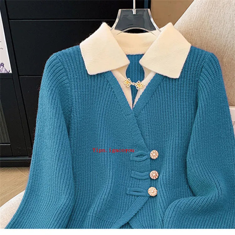 2025 Autumn Winter New Splicing Fake Two Pieces Knitted Cardigan Sweater Women Jacket Fashion Knitwear Loose Ladies Tops B693