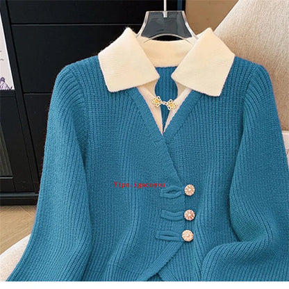 2025 Autumn Winter New Splicing Fake Two Pieces Knitted Cardigan Sweater Women Jacket Fashion Knitwear Loose Ladies Tops B693
