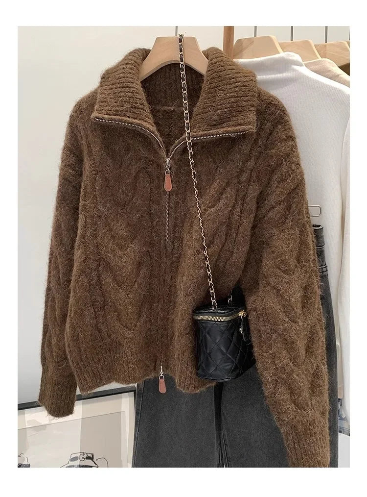 HELIAR Women Fall Winter New Casual Loose Knitted Cardigan Retro Solid Double Zipper Turn-down Collar Sweater Thicken Loose Tops