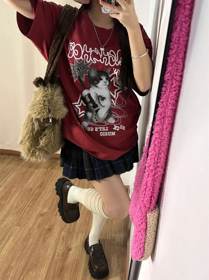 Kawaii Cat Printed Red T-shirts Women Harajuku Oversized Punk Style Tops Cute Graphic Short Sleeve Tees Cotton Casual