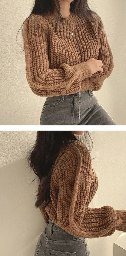 Loose Vintage Harajuku Lantern Long Sleeve Women Sweater Autumn Winter Knitwear Soft Warm Tops Chic Solid Femme Sweater