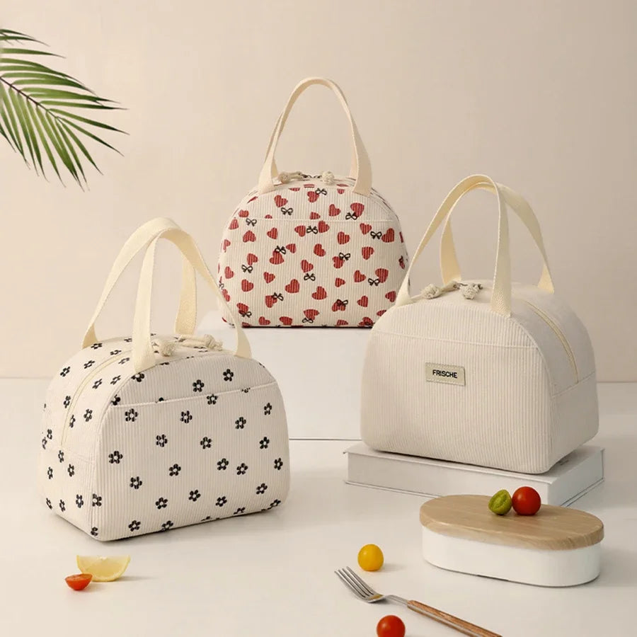 Corduroy Lunch Bag Thermal Insulation Lunch Box Storage Handbag Multifunctional