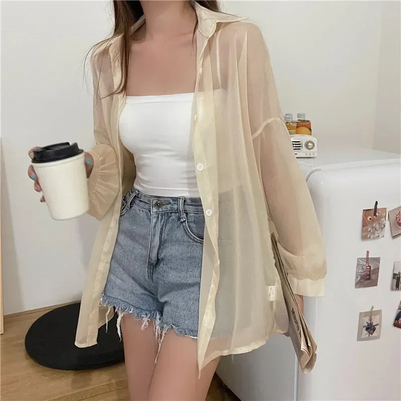 Oversized Shirt for Women Black White Thin Chiffon Collared Long Sleeve Button-Up Shirt Blouse Female Teen-girl Beach Cover Up
