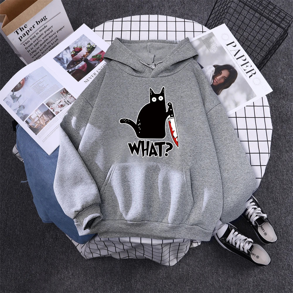 Hoody Little Black Cat And Knife Sweatshirt With Hooded Woman Oversized Aesthetic Hoodie Womens Winter Female Cats Hoodies
