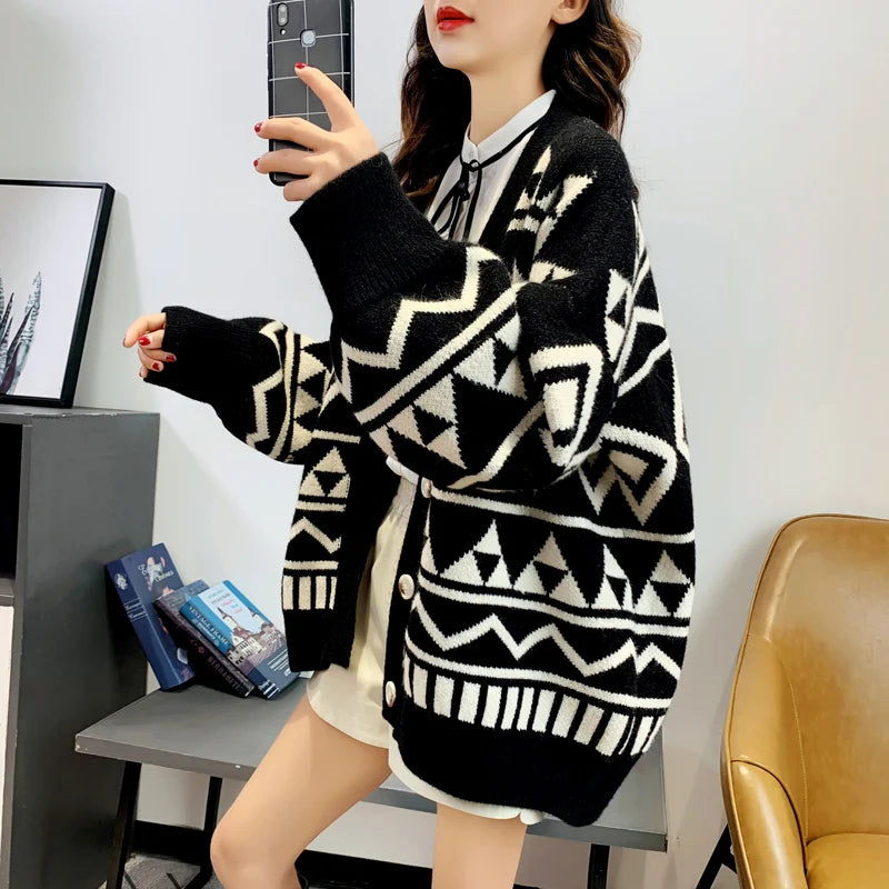 New Fashion Geometry Printing Knitted Caridgan Coat Autumn Winter Casual Loose Women Sweaters Office Lady Knitted Clothes