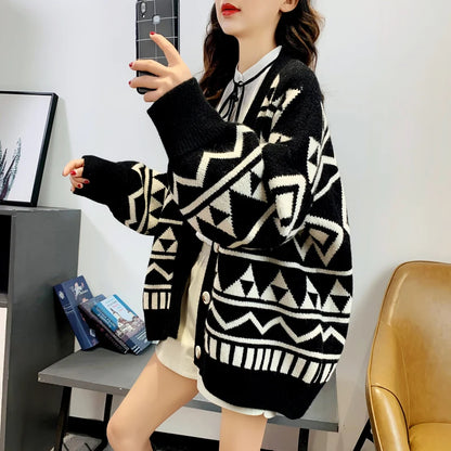New Fashion Geometry Printing Knitted Caridgan Coat Autumn Winter Casual Loose Women Sweaters Office Lady Knitted Clothes